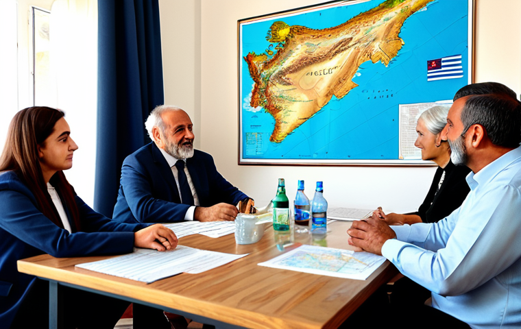 Intercommunal Dialogue**

"A diverse group of people, representing different ages and backgrounds, are seated around a table in a sunlit room, engaged in respectful discussion.  Modest attire, appropriate clothing for a professional setting. The background shows a map of Cyprus with both Greek and Turkish flags subtly interwoven.  Peaceful atmosphere, expressions of understanding. Safe for work, family-friendly, professional quality, perfect anatomy, correct proportions, well-formed hands, natural pose, appropriate content, fully clothed."

**
