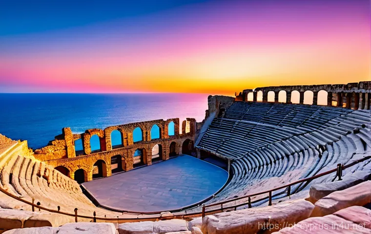 키프로스 유적지 투어 - Prompt 1: Kourion Roman Theater at Sunset**