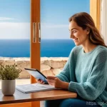 Home 12 키프로스 항공편 최저가 찾기 - **Prompt 1: Serene Cyprus Travel Planning with Smart Anticipation**
A wide shot of a thoughtful ...