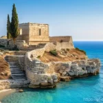 Home 11 키프로스의 독립 역사 - **Prompt:** "A vibrant, panoramic view of an ancient Cypriot landscape. In the foreground, the elega...