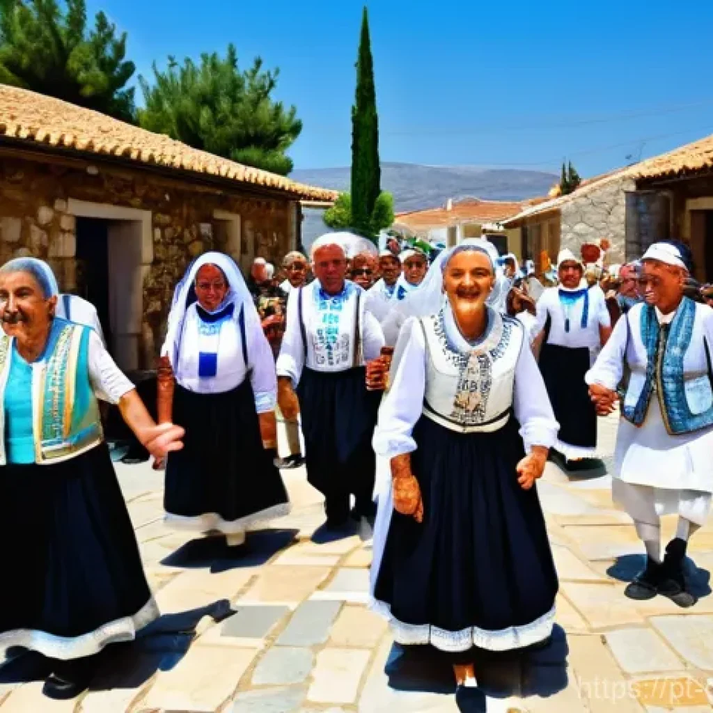 키프로스 전통 춤 - A vibrant, multi-generational group of Cypriot dancers, men and women of all ages, joyfully performi...