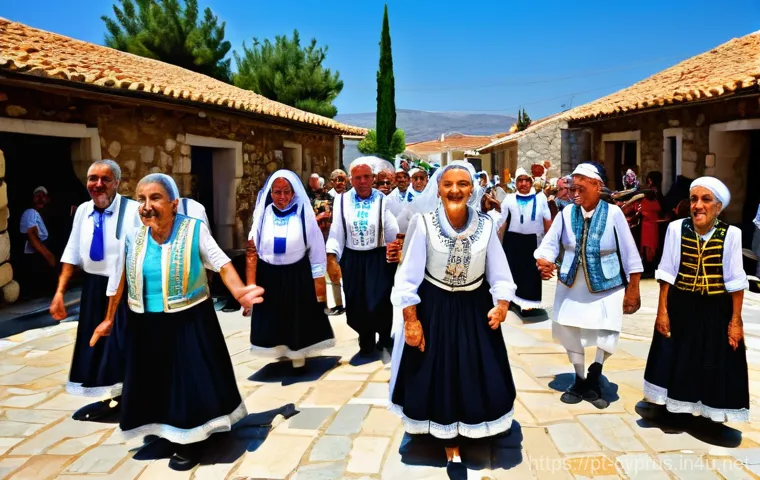 키프로스 전통 춤 - A vibrant, multi-generational group of Cypriot dancers, men and women of all ages, joyfully performi...