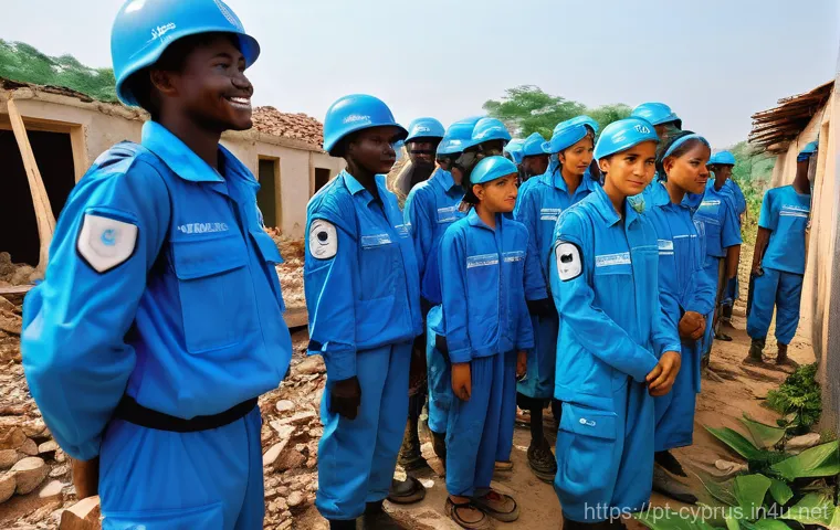 유엔 평화유지군과 키프로스 - **Prompt Title: Guardians of Hope in a Rebuilding World**
    A group of diverse UN peacekeepers, me...