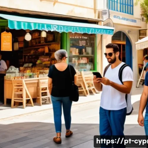 Home 7 키프로스에서 영어 사용 가능성 - A vibrant urban street scene in Cyprus featuring diverse people of various ages and ethnicities inte...
