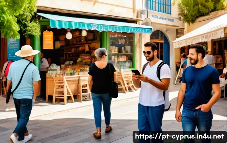 키프로스에서 영어 사용 가능성 - A vibrant urban street scene in Cyprus featuring diverse people of various ages and ethnicities inte...