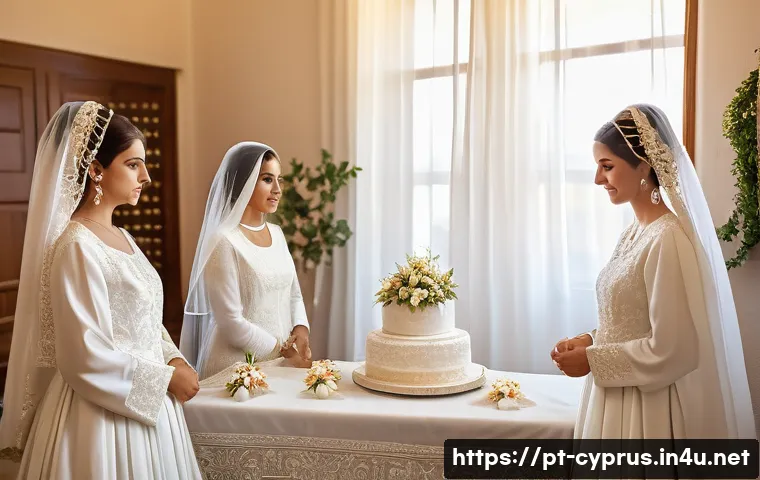 키프로스의 독특한 결혼 문화 - A traditional Cypriot wedding scene showing the bride wearing a delicate white veil richly embroider...