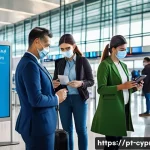 Home 16 키프로스 입국 시 코로나 규정 - A busy modern airport arrival scene in Cyprus with diverse international travelers presenting digita...