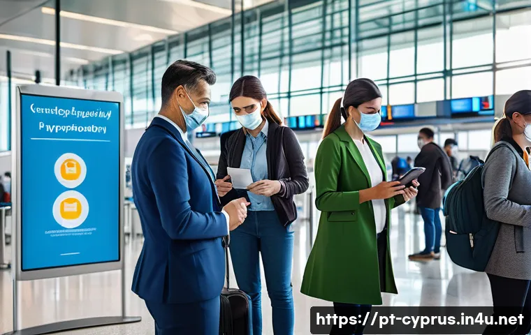 키프로스 입국 시 코로나 규정 - A busy modern airport arrival scene in Cyprus with diverse international travelers presenting digita...