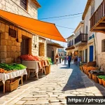 Home 21 키프로스 신용카드 사용 가능성 - A vibrant street scene in a Cypriot village market during daytime, featuring local merchants selling...