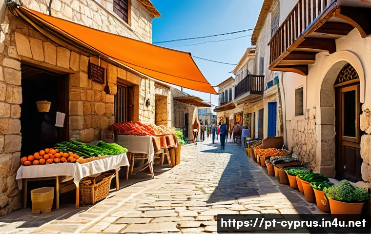 키프로스 신용카드 사용 가능성 - A vibrant street scene in a Cypriot village market during daytime, featuring local merchants selling...