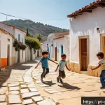 키프로스의 전통 놀이 - A lively street scene in a small Cypriot village during a sunny afternoon, children aged 6 to 12 pla...