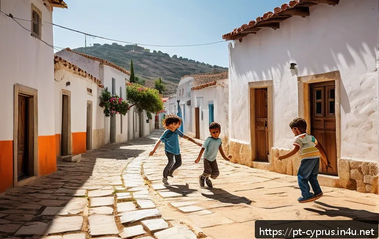 키프로스의 전통 놀이 - A lively street scene in a small Cypriot village during a sunny afternoon, children aged 6 to 12 pla...