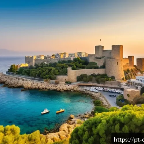 키프로스의 오래된 요새들 - A panoramic view of Kyrenia Castle perched on a rocky coastline overlooking a vibrant harbor at suns...