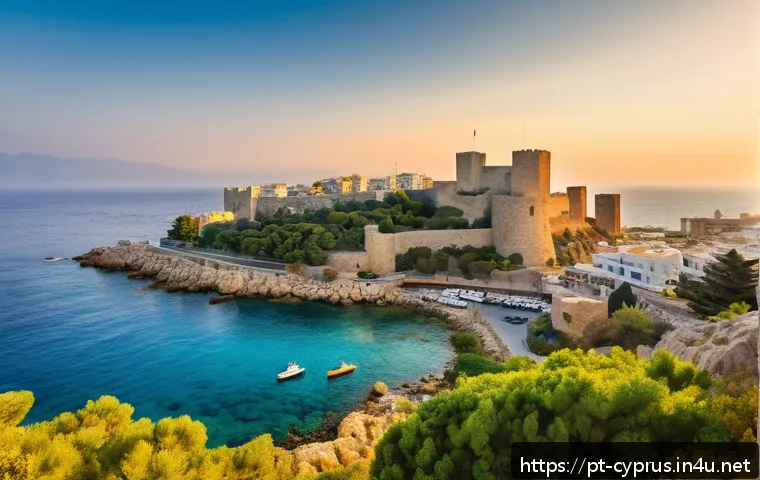 키프로스의 오래된 요새들 - A panoramic view of Kyrenia Castle perched on a rocky coastline overlooking a vibrant harbor at suns...