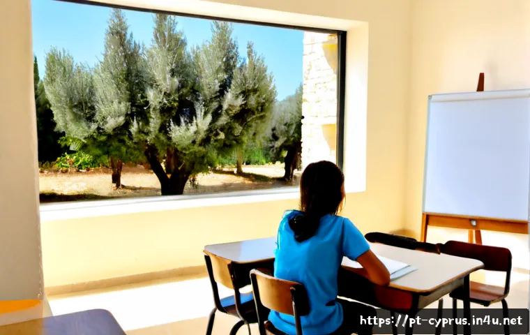 Home 17 키프로스의 교육 체계 - Photorealistic bright classroom in a modern Cypriot public school, diverse teenage students seated a...