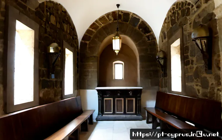 키프로스의 유대교 유산 - Photorealistic interior of a historic Jewish heritage space in Cyprus, carefully preserved stone wal...